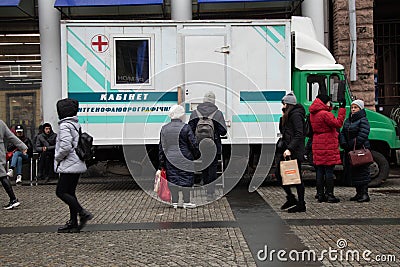 Ukraine Dnipro 24.03.2021 - X-ray fluorography in a car on wheels in the city center receives people for lung examination, Editorial Stock Photo