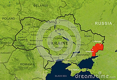 Ukraine on Europe map with Donetsk and Luhansk regions Stock Photo