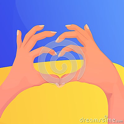 Ukraine flag, hands gesture heart shape in cartoon style, symbol charity, help and support. Vector Illustration