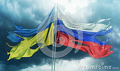 Ukraine Flag and Russia Flag - Wartime Flags Stock Photo