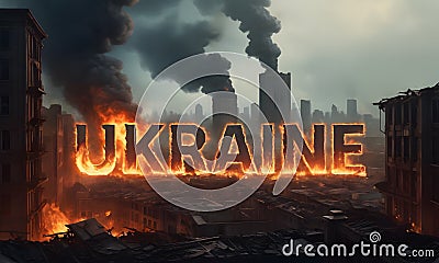 Ukraine in Flames: A Somber Cityscape AI Generated Stock Photo