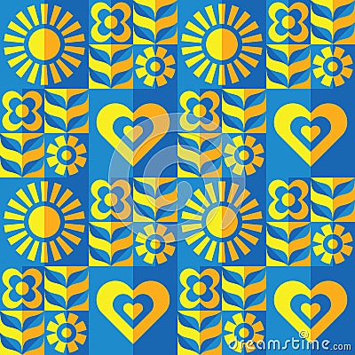 Ukraine geometric seamless pattern design. Decorative background in the colors of the Ukrainian flag. Collage mosaic poster. Vector Illustration