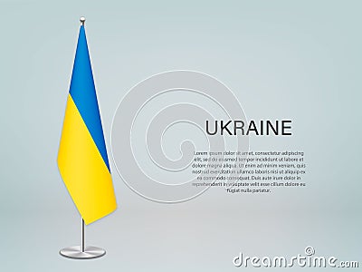 Ukraine hanging flag on stand. Template forconference banner Stock Photo