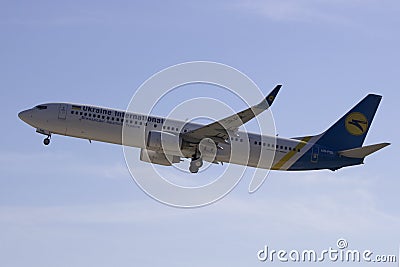 Ukraine International Airlines Boeing 737-94X(ER)(WL) takeoff from Kharkiv International Airport Editorial Stock Photo