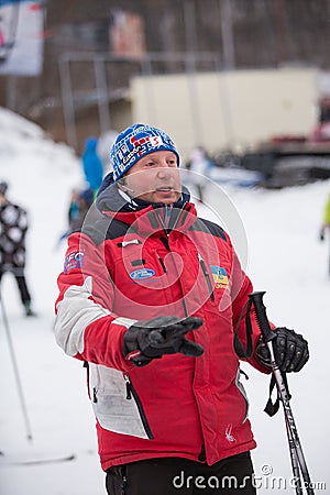 Ukraine, Kiev ski resort Protasov Yar January 25, 2015. The ski slope. Ski school Caucasian portrait man. Instructor. Trainer trai Editorial Stock Photo