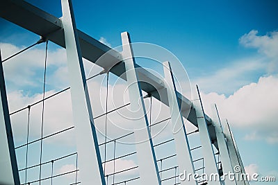 Ukraine, Kiev - 2019: Ukrainian Olympic Stadium in Europe, roof construction element and high clouds in the sky. Cityscape Editorial Stock Photo