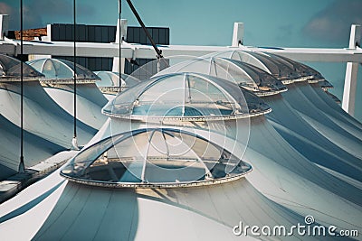 Ukraine, Kiev - 2019: Ukrainian Olympic Stadium in Europe, roof construction element and high clouds in the sky. Cityscape Editorial Stock Photo