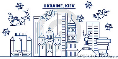Ukraine, Kiev winter city skyline. Merry Christmas, Happy Vector Illustration