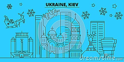 Ukraine, Kiev winter holidays skyline. Merry Christmas, Happy New Year decorated banner with Santa Claus.Ukraine, Kiev Vector Illustration