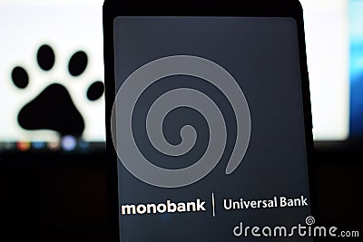 Ukraine, Kremenchug - March, 2019: Monobank Universal Bank logo on the phone screen Editorial Stock Photo