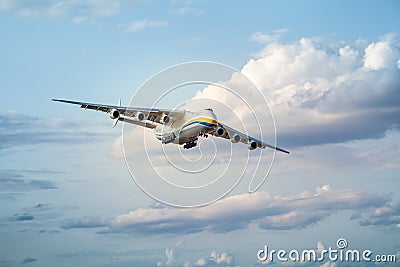 Ukraine, Kyiv - August 18, 2021: The plane Antonov 225 AN-225 Mriya fly, the biggest airplane in the world taking off Editorial Stock Photo