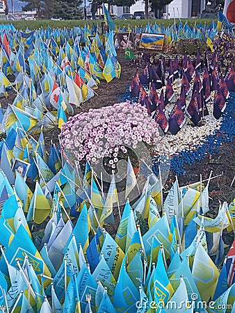 Ukraine, Kyiv: Flags of Ukraine in the center of Kyiv in memory of the fallen defenders of Ukraine Editorial Stock Photo