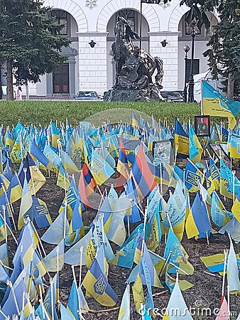 Ukraine, Kyiv: Flags of Ukraine in the center of Kyiv in memory of the fallen defenders of Ukraine Editorial Stock Photo