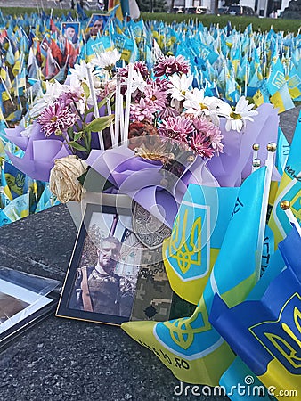 Ukraine, Kyiv: Flags of Ukraine in the center of Kyiv in memory of the fallen defenders of Ukraine Editorial Stock Photo