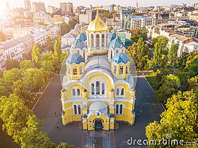 Ukraine Kyiv Kiev beautiful church. St Volodymyr`s Cathedral. Top vie from drone aerial photo. Famouse tourist places Stock Photo