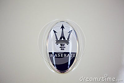 Ukraine, Kyiv - October 10, 2021: Close up logo Maserati. Presentation of new models Maserati Editorial Stock Photo