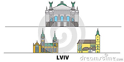Ukraine, Lviv flat landmarks vector illustration. Ukraine, Lviv line city with famous travel sights, skyline, design. Vector Illustration