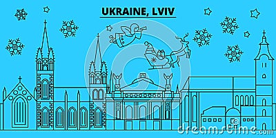 Ukraine, Lviv winter holidays skyline. Merry Christmas, Happy New Year decorated banner with Santa Claus.Ukraine, Lviv Vector Illustration