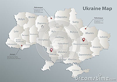 Ukraine map, individual administrative division with names, blue white card paper 3D Vector Illustration