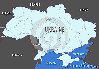 Ukraine. Map of the territory of the Ukrainian state with the designation of its state borders and the boundaries of its Vector Illustration