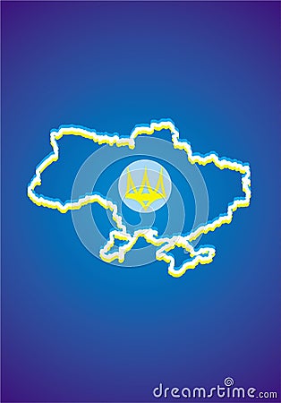 Ukraine map, yellow silhouette with rays. In the center is a blue circle with a rays and yellow trident.Ukraine map, yellow silhou Vector Illustration