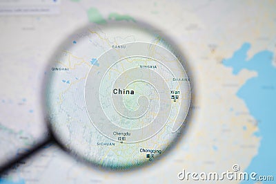 UKRAINE, ODESSA - APRIL 25, 2019: China on google maps through magnifying glass. Editorial Stock Photo