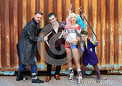 UKRAINE, ODESSA - August 13, 2016: Cosplayers in Harley Quinn costume, in Joker and Boomerang costumes Editorial Stock Photo