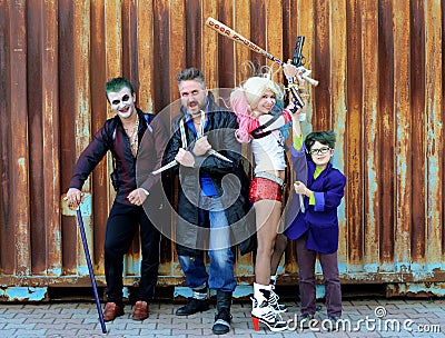 UKRAINE, ODESSA - August 13, 2016: Cosplayers in Harley Quinn costume, in Joker and Boomerang costumes Editorial Stock Photo