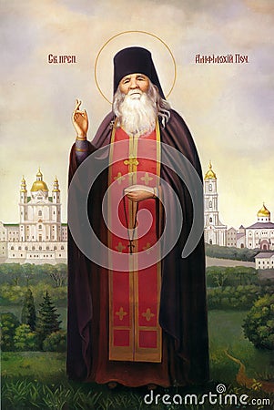 UKRAINE, ODESSA REGION, VILLAGE PETRODOLINSKOE â€“ OCTOBER, 13, 2012: Orthodox icon of the Monk Amphilochius of Pochaev Editorial Stock Photo