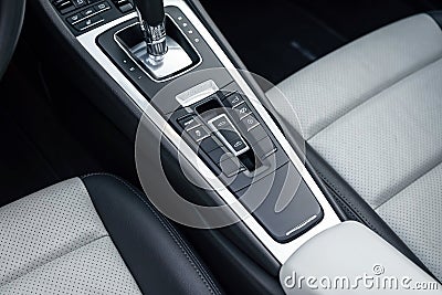 Ukraine, Odessa September 8 - 2021: The sport mode button, trunk opening adjustment buttons and other of the expensive Editorial Stock Photo