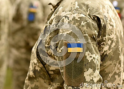 Ukraine patch flag on army uniform. Ukraine military uniform. Uk Stock Photo