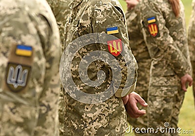 Ukraine patch flag on army uniform. Ukraine military uniform. Uk Stock Photo