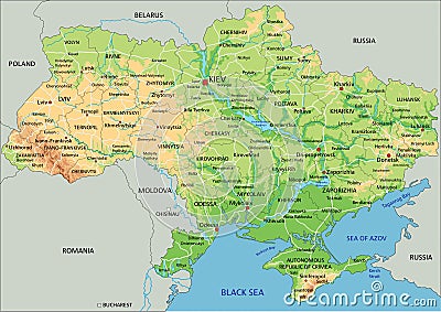 High detailed Ukraine physical map with labeling. Vector Illustration