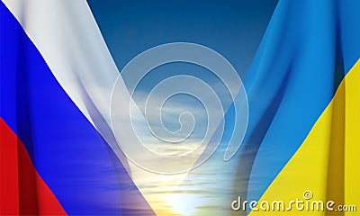 Ukraine and Russia flags on blue sky Vector Illustration