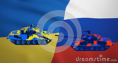 Ukraine and Russian tanks stand in front of each other in flags backgrounds - Illustration of war frontline Stock Photo