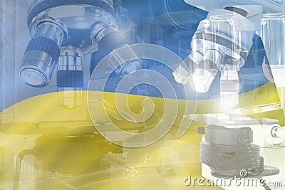 Microscope on Ukraine flag - science development conceptual background. Research in vaccine or pharmacy, 3D illustration of object Cartoon Illustration
