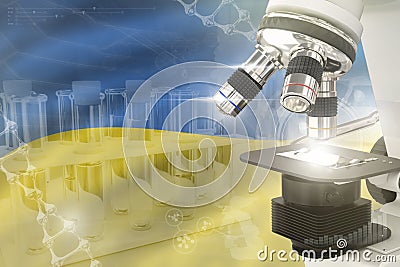 Microscope on Ukraine flag - science development digital background. Research of biochemistry design concept, 3D illustration of Cartoon Illustration