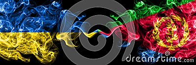 Ukraine, Ukrainian vs Eritrea, Eritrean smoky mystic flags placed side by side. Thick colored silky abstract smokes flags Stock Photo