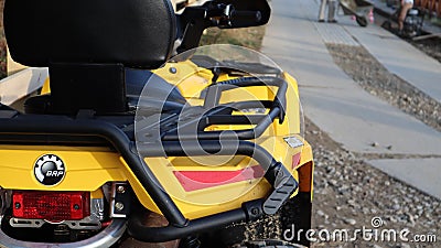 Ukraine, Yaremche - November 20, 2019: photo of a yellow ATV station wagon. four-wheeled car. four-wheel all-terrain vehicle, Editorial Stock Photo