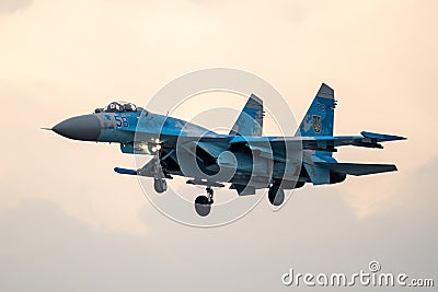 Ukrainian Air Force Sukhoi Su-27 fighter jet plane arricing at RAF Fairford airbase. UK - July 13, 2018 Editorial Stock Photo