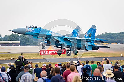 Ukrainian Air Force Sukhoi Su-27 fighter jet plane take off from RAF Fairford airbase. UK - July 13, 2018 Editorial Stock Photo