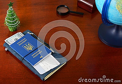 Ukrainian biometric passport. Preparing for the new year trip Stock Photo