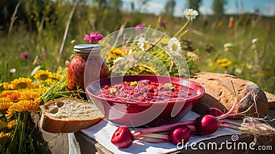 Ukrainian Borscht in a Sunflower Field Stock Photo