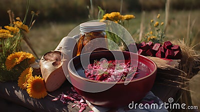 Ukrainian Borscht in a Sunflower Field Stock Photo