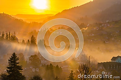 Ukrainian Carpathian Mountains landscape background during the sunset in the autumn season. Stock Photo