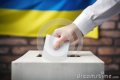 A Ukrainian citizen's hand casts a vote into the ballot box against the backdrop of the Ukrainian flag Stock Photo