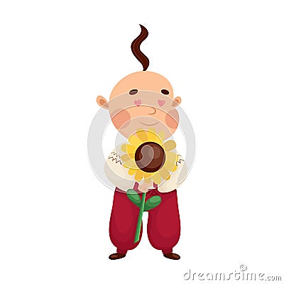 Ukrainian Cossack in love with a sunflower. Cute cartoon character. Ukrainian national traditional clothes and men's Vector Illustration