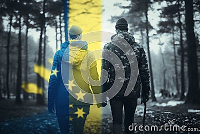 Freedom in the Woods: Ukrainian Couple with Flag Walking Hand in Hand Stock Photo