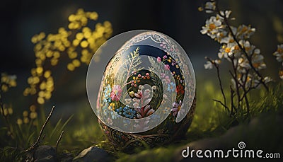 Ukrainian Easter Egg Meadow. Generative AI Stock Photo