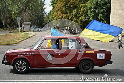 Ukrainian flags on the car Editorial Stock Photo